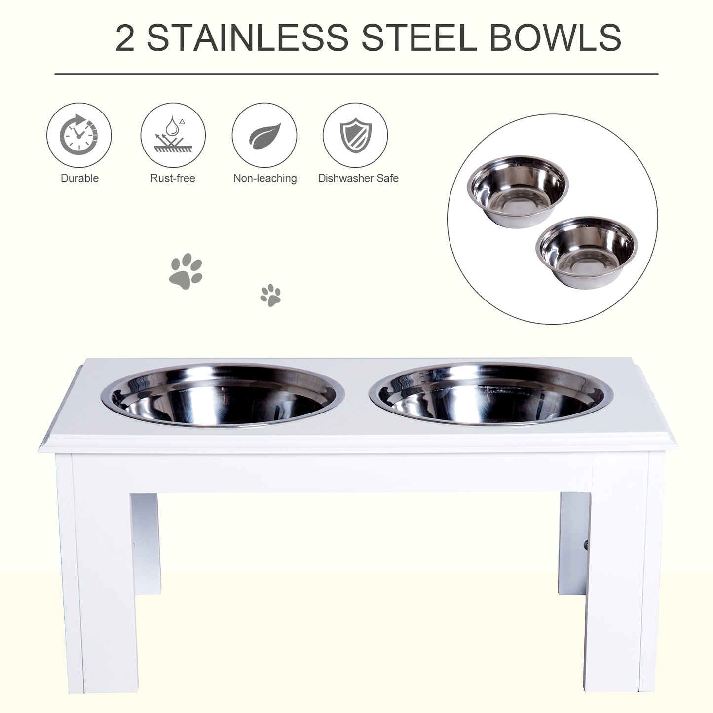 PawHut Raised Dog Feeding Bowls With Stand, Stainless Steel For Medium Dog, 58L X 31W X 25H Cm - White