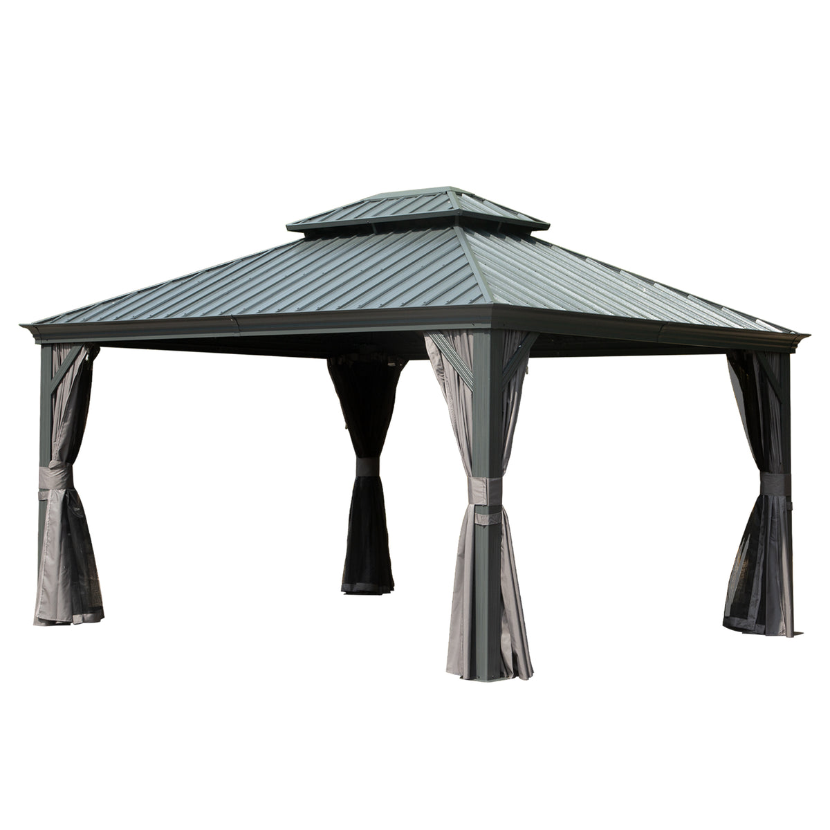 10 X 14 Hardtop Gazebo Permanent Outdoor Gazebo With Galvanized Steel Double Roof, Aluminum Frame, Curtains And Netting For Patio Lawn And Garden, Gray