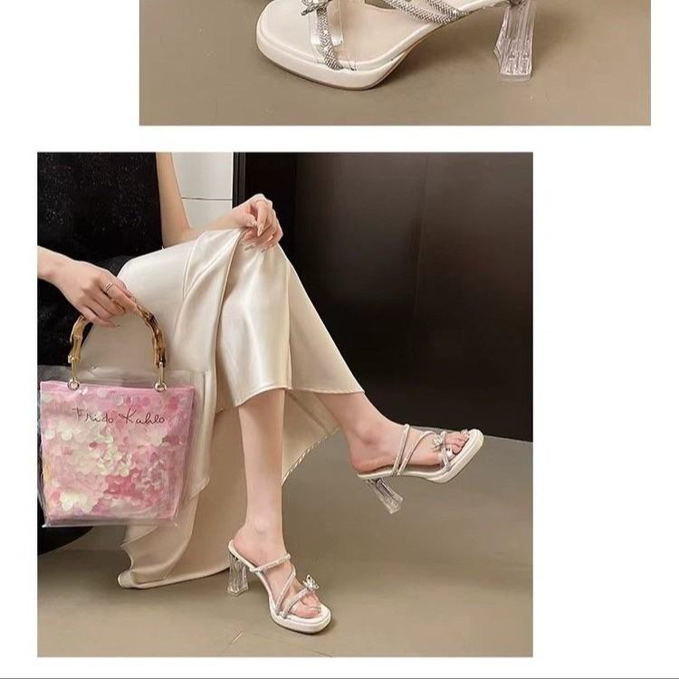 Women's Rhinestone High Heel Slide Sandals, Outdoor Wear New Arrival Summer 2026, Gorgeous Fairy Style Crystal Block Heel Sandals Perfect For Dresses