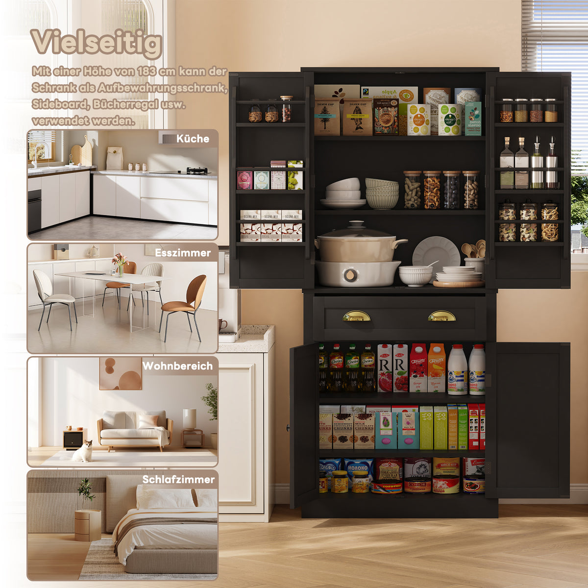 182 Cm Storage Cabinet, 4 Doors And 1 Drawer, 2 Doors With Shelves, 6 Storage Compartments And 4 Adjustable Shelves, Suitable For Kitchen, Dining Room And Living Room, Black
