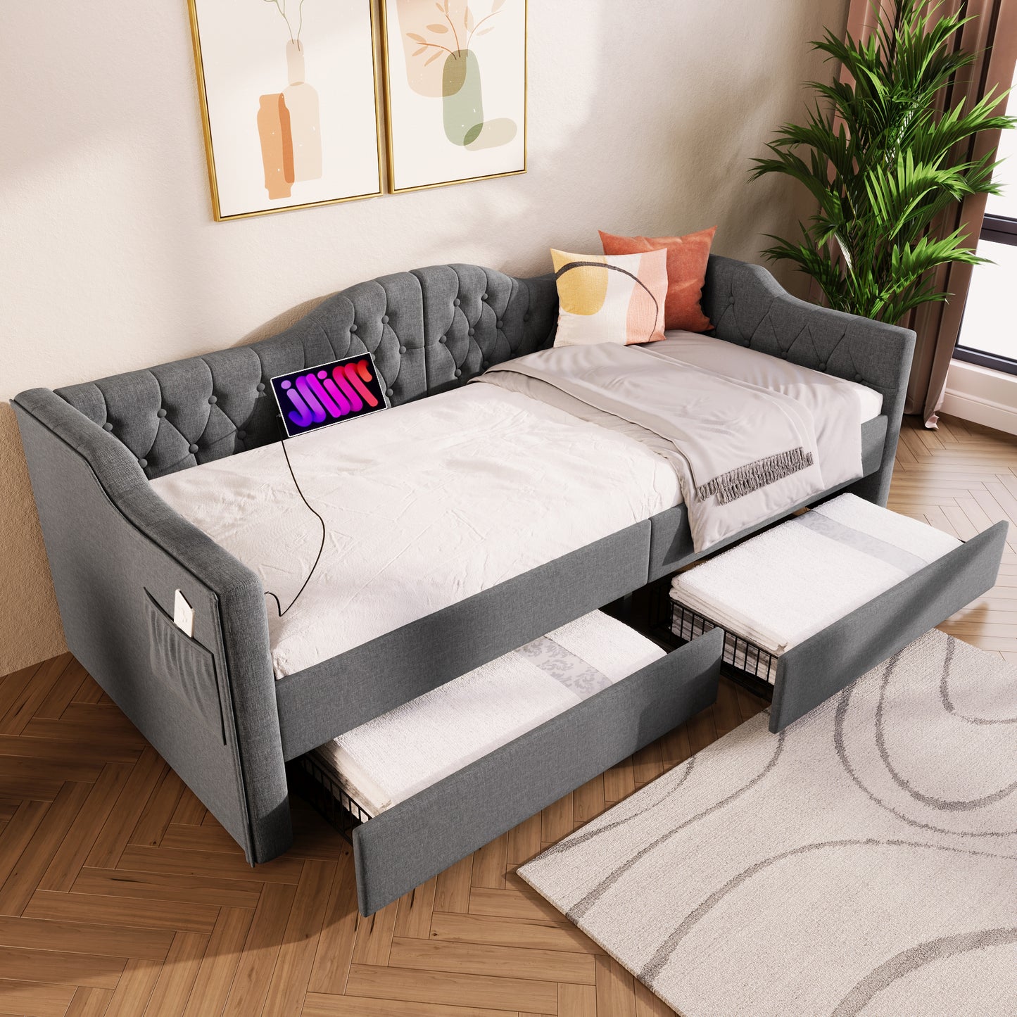 Upholstered Bed Daybed Sofa Bed Storage Beds Bed Frame With USB Type C Charging And 2 Drawers 90x190cm In Grey Linen Without Mattress