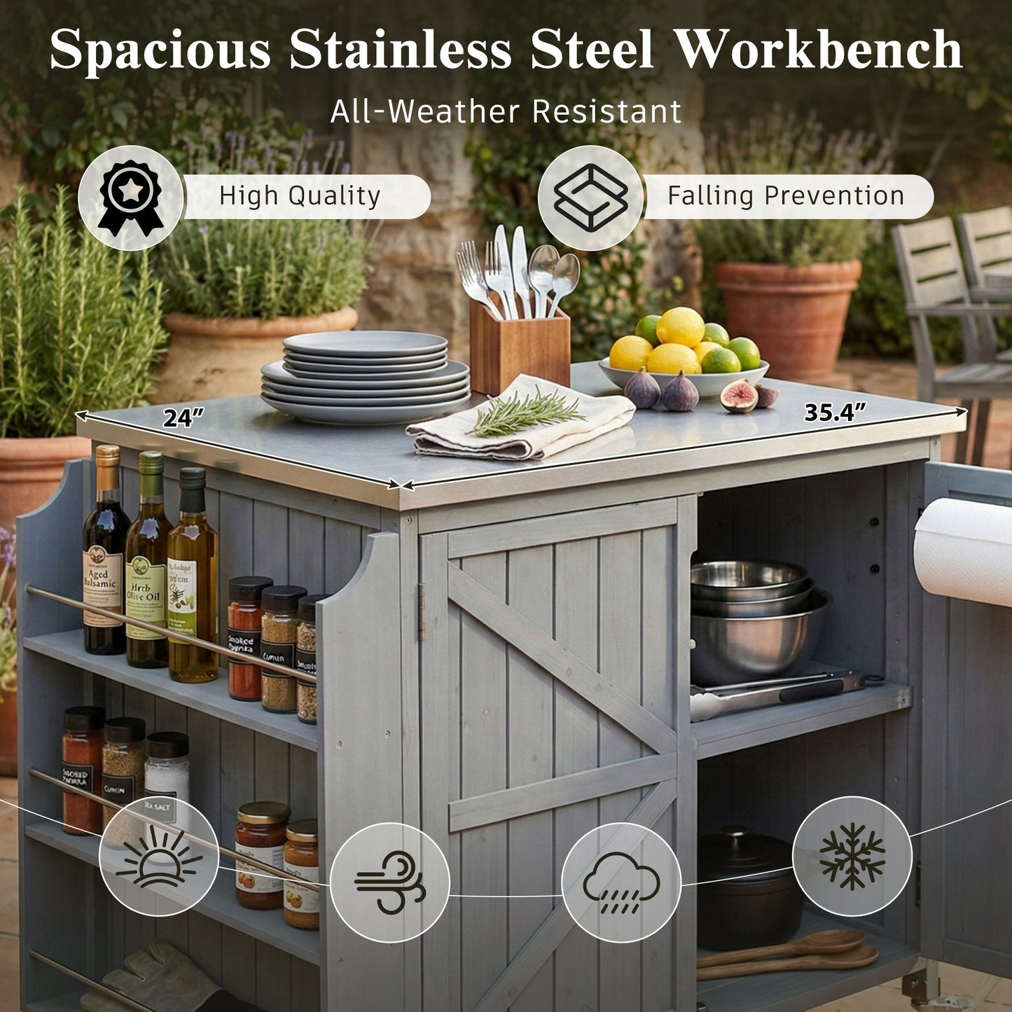 K&K 42.1 Outdoor Kitchen Island With Side Shelf, Outdoor Grill Cart With Storage Cabinet, Outdoor Kitchen Cabinet With Stainless Steel Top, Adjustable Shelf And 4 Wheels For Pizza Prep, Grey Blue