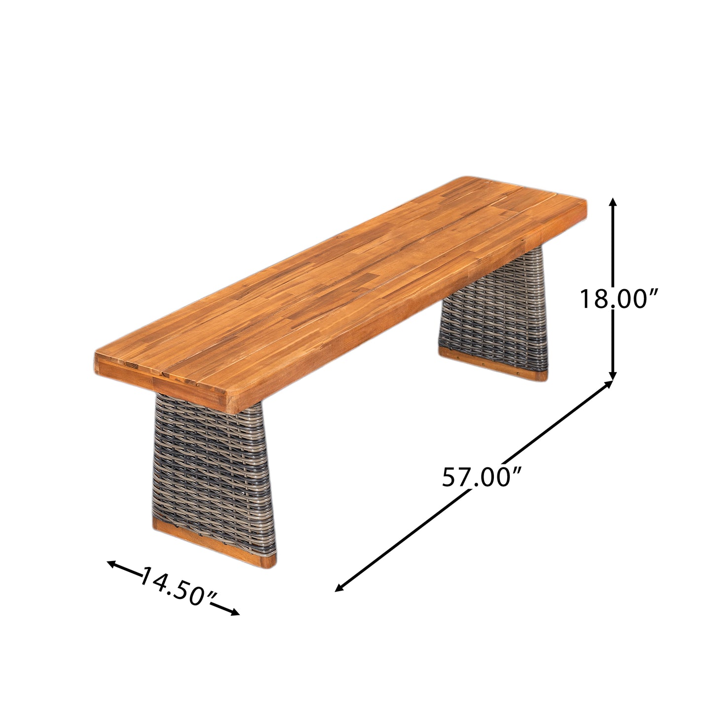 Outdoor Acacia Wood Bench Set Of 2 ,Teak Finish Grey Wicker