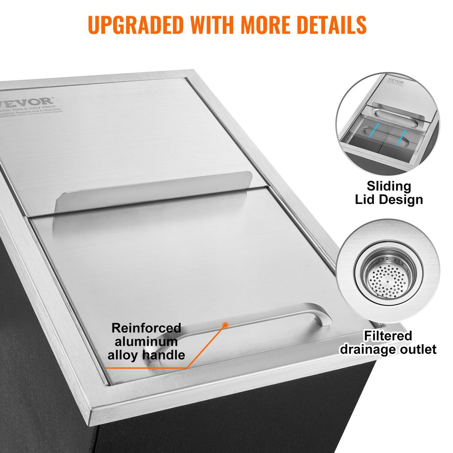 Drop In Ice Chest, 46cm Lx30.5 Cm W X 36.8cm H Stainless Steel Ice Cooler, Commercial Ice Bin With Sliding Cover, 38.7 L Outdoor Kitchen Ice Bar, Drain-pipe And Drain Plug Included, For Cold Wine Beer