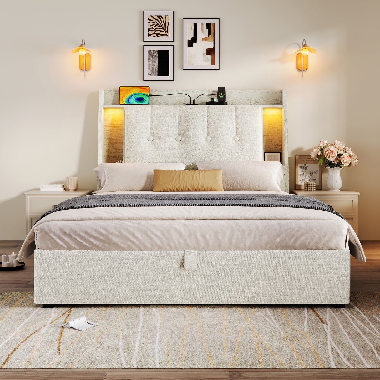 Upholstered Bed, 90x200 Cm, With USB Type-C Charging Function,Without Mattress,Flip-Top Storage Compartment, Multifunctional Storage, LED Lighting, Push-button Appdien,Linen, Beige