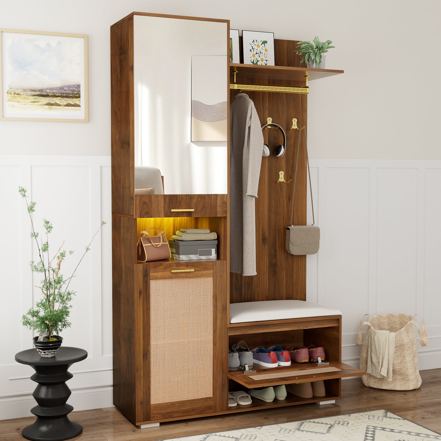 Wardrobe Set, Wardrobe Set With Mirror, 6 Golden Coat Hooks, Shoe Cabinet, Wall Coat Rack, Upper Storage Compartment, Bench Seat And 16-colour LED Lighting