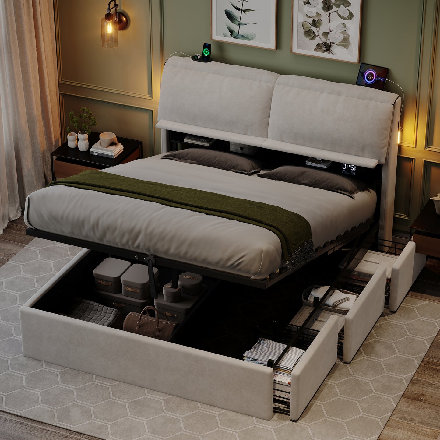 5ft King Bed With Hydraulic Storage, Velvet Upholstered Bed With Headboard Flip-top Storage And Drawers, Back Cushion Headboard With Charging Station And LED Night Light, Cream White No Mattress