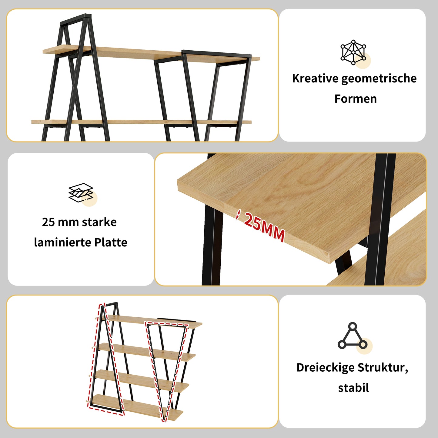 158x35x166 Cm Geometric Standing Shelf Bookcase Open Metal Shelf With 25 Mm Thickened MDF Wooden Floors, Triangle Design, For Living Room, Kitchen & Study,Shelf - Bookcase