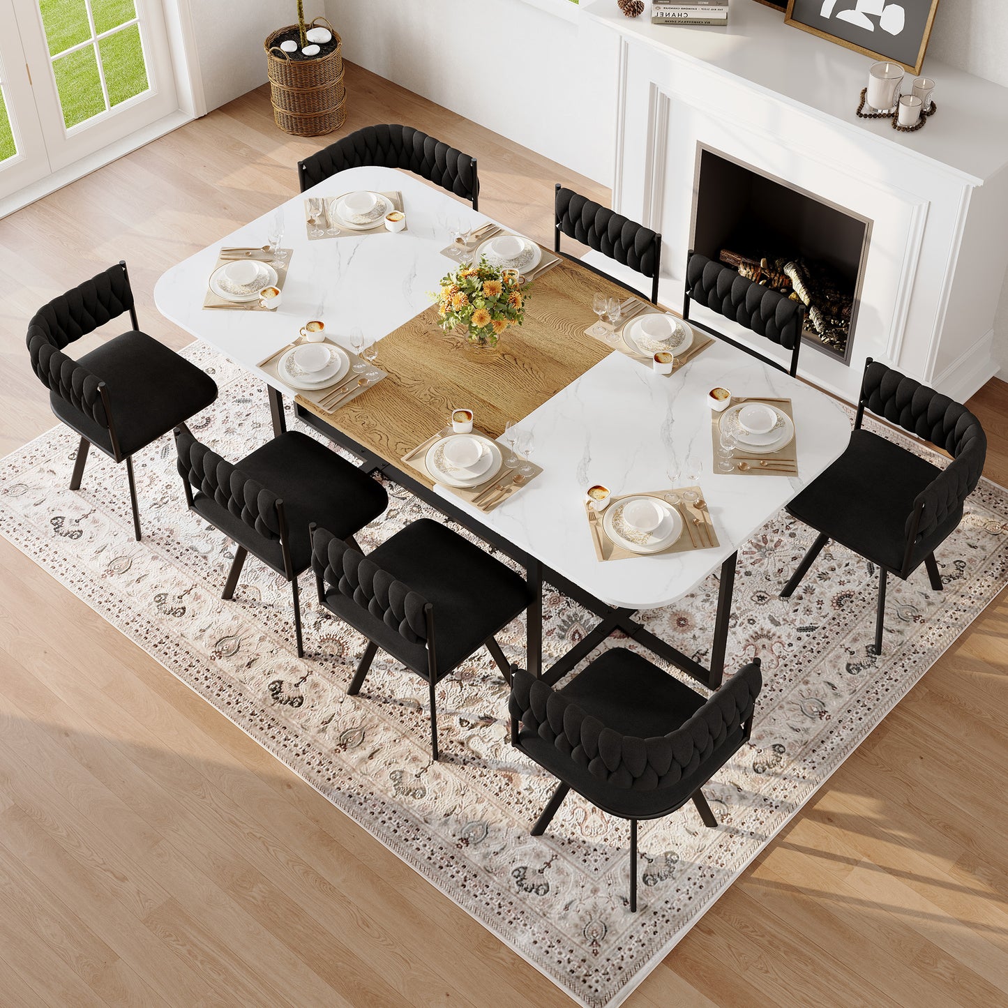 9-Piece Square Dining Table Set, Fixed White Faux Marble & Wood Grain Triamine Tabletop With 8 Black Velvet Chairs, Modern Kitchen Table Set For 8 People, Ideal For Family Gatherings, Dining Room