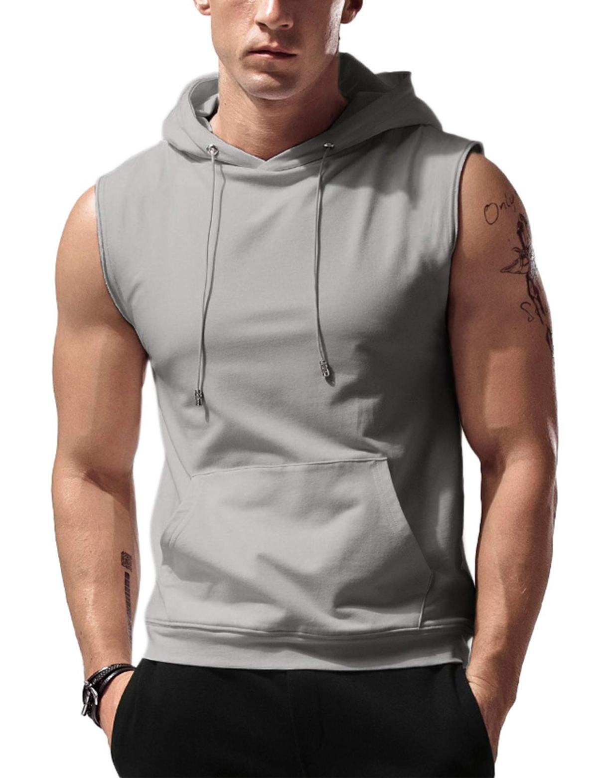 Men's Tank Top Hooded Sleeveless Loose Solid Color Pocket Fitness Muscle Training Running Sports Top