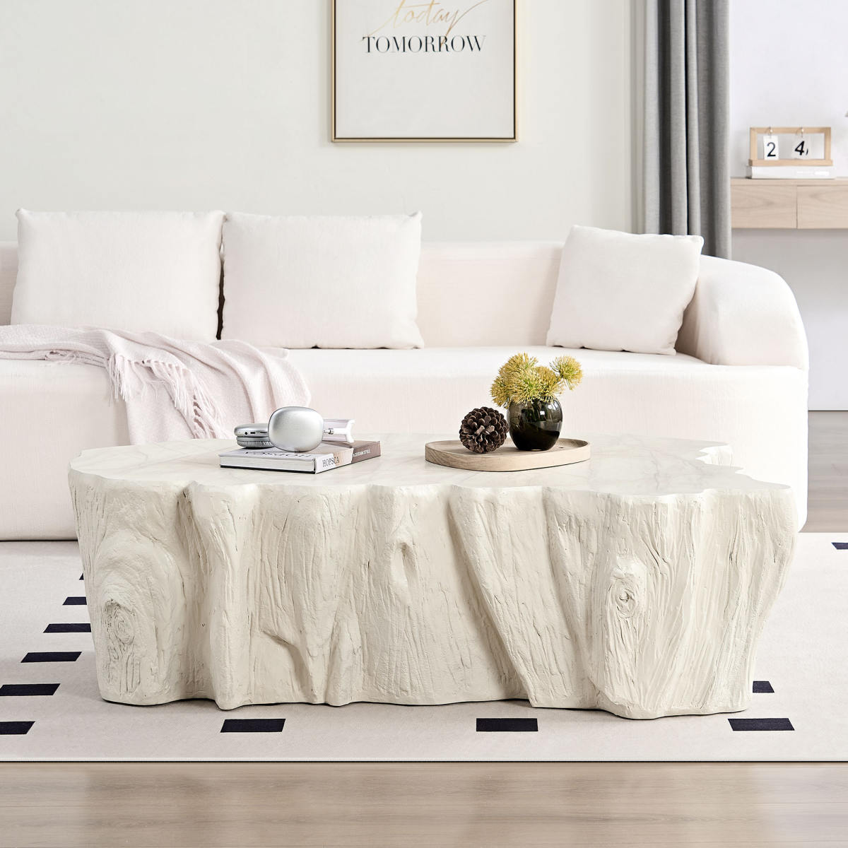 48.62 Inch Unique Shape Coffee Table Sturdy Fiberglass Tea Table For Living Room No Need Assembly Beige