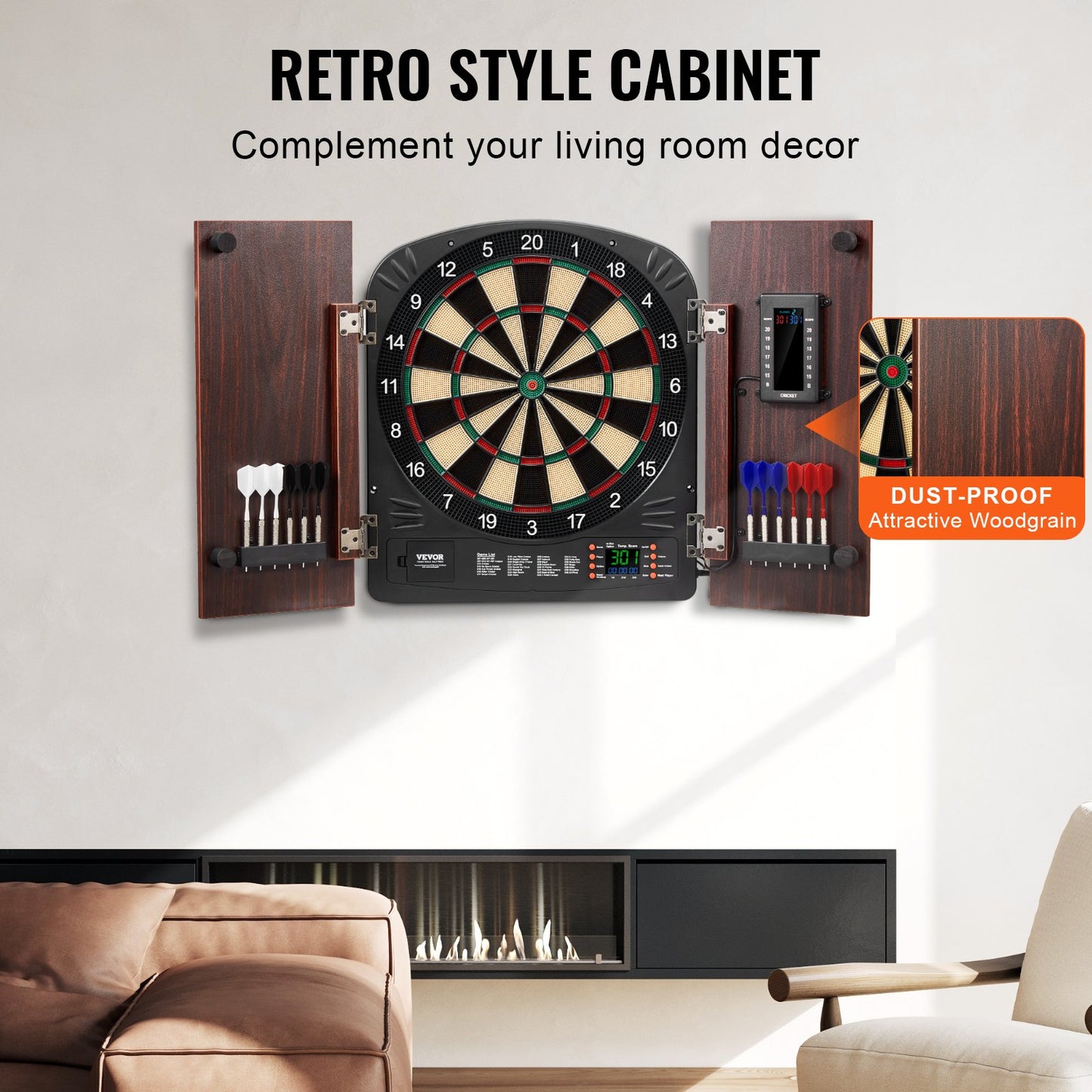 Dartboard And Cabinet Set, Ready-to-Play Bundle Dartboard Cabinet Set, Hideaway Cabinet Features Electronic Scoring, Easy Assembly, Complete With All Accessories, Perfect For Cricket Games