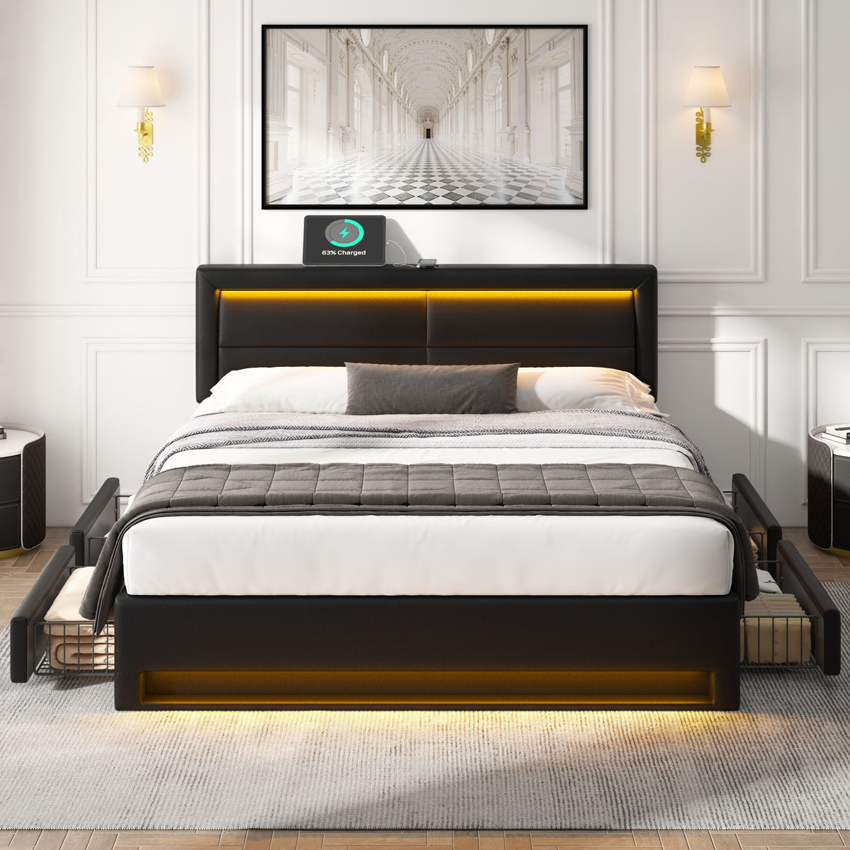Upholstered Bed 140 X 190 Cm With USB Port Supports Wireless And Wired Charging , With LED Lighting And Four Storage Drawers, Without Mattress, PU Lychee Design, Black OLD SKU3256234AAS