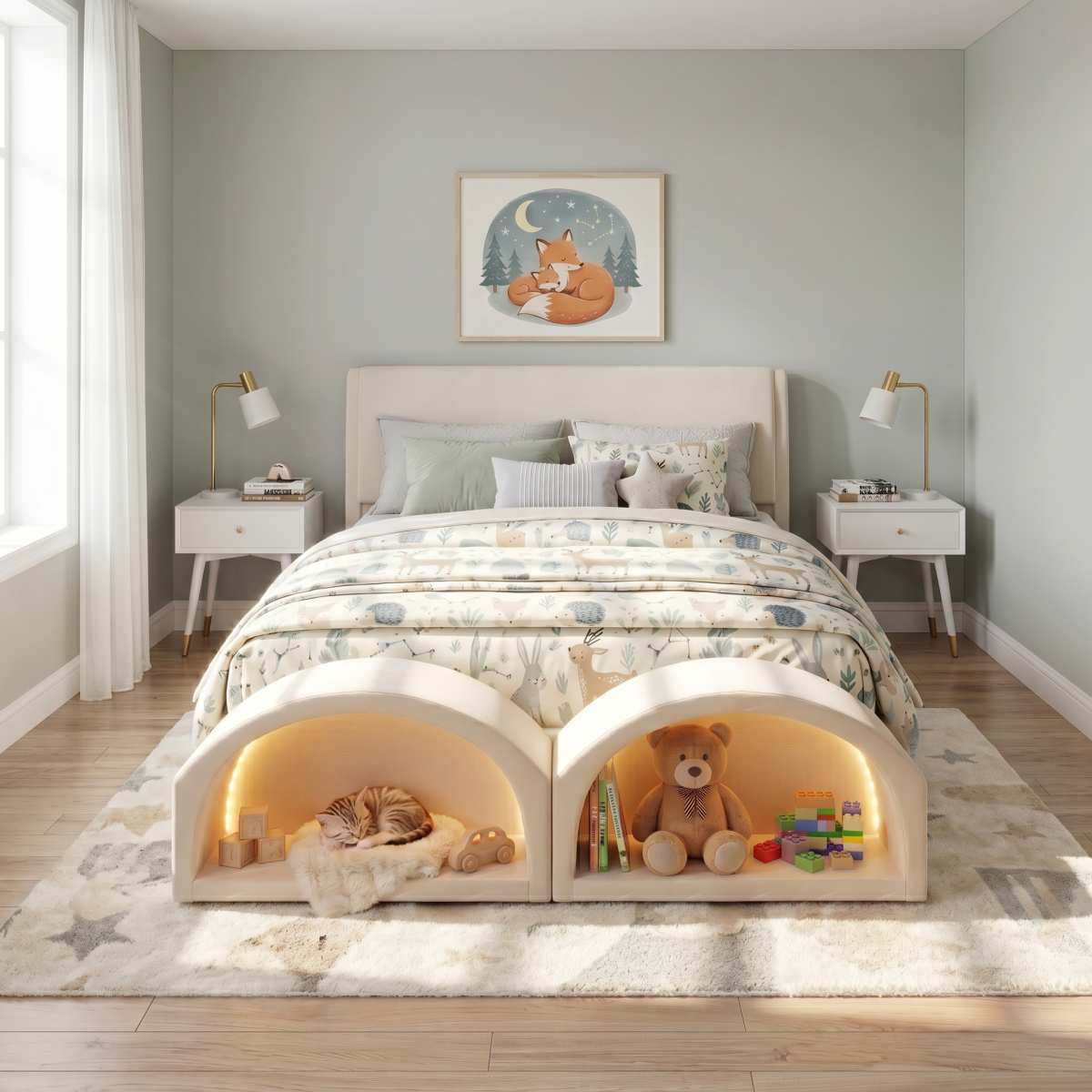 Queen Size Upholstered Platform Bed Frame with Dual Cat Caves, LED Lighted Pet Nests at Footboard, Beige