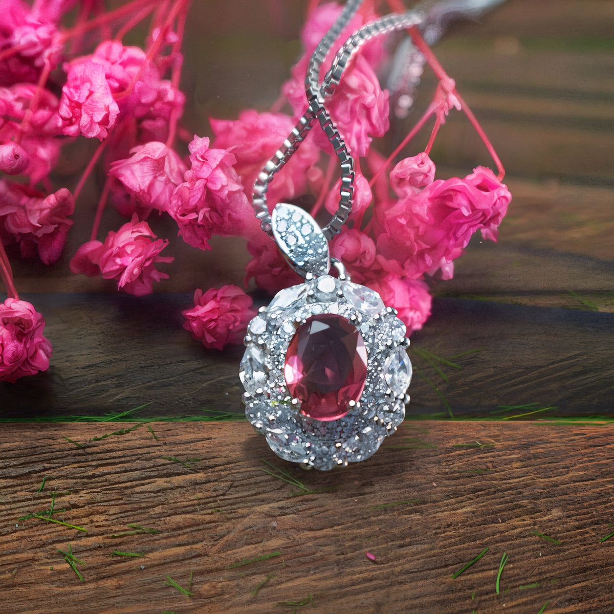 Oval Cut Hot CZ Double Halo Pendant Necklace For Women, Copper Plated Silver White Cubic Zirconia Vintage Floral Halo Wedding Bridal Statement Jewelry Gift