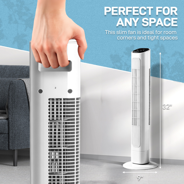 US Standard RTW-GR36 Tower Fan, 110V 45W, 36 Inch, Column Shape, White Plastic Body, Copper Motor, Touch & Remote Control, 3 Speeds, 3 Modes, Oscillating Function, 9-Hour Timer, For Home Use