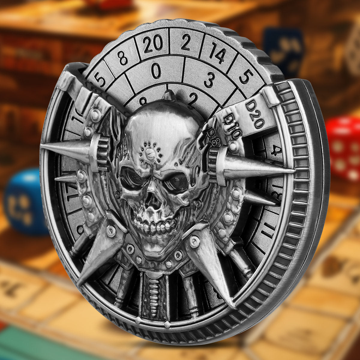Private Model Skeleton Metal Wheel Dice Gift Box, Board Game Accessories Gothic Style D20, D10 Dice RPG Role-playing Game Dice Fingertip Retro Compass Desktop Role-playing Game Chip Gift