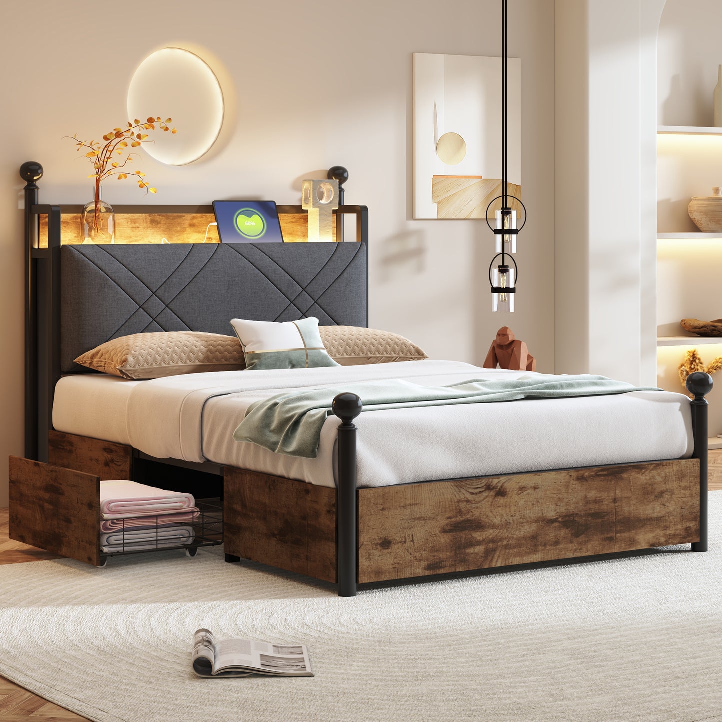 Multifunctional Bed 90 X 190 , With Storage Space And Wrought Iron Canopy,with Removable Bed Posts With LED And USB Type-C Charging Ports, As Well As Two Drawers, Iron Single Bed, Youth Bed.,