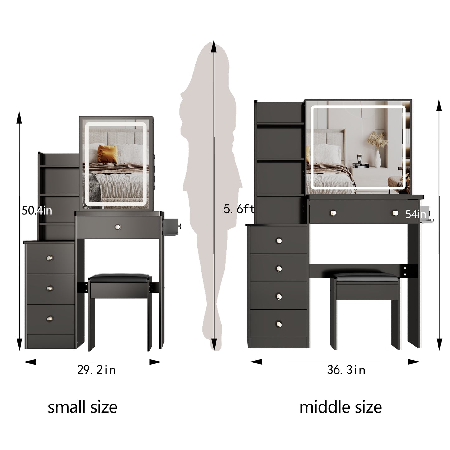29.2 Small Size Bedside Cabinet Vanity Table Cushioned Stool, 2 AC 2 USB Power Station, Hair Dryer Bracket, Extra Large Touch Control Sliding LED Mirror, 3-color Switching, EPA, GCC, UL Certificate
