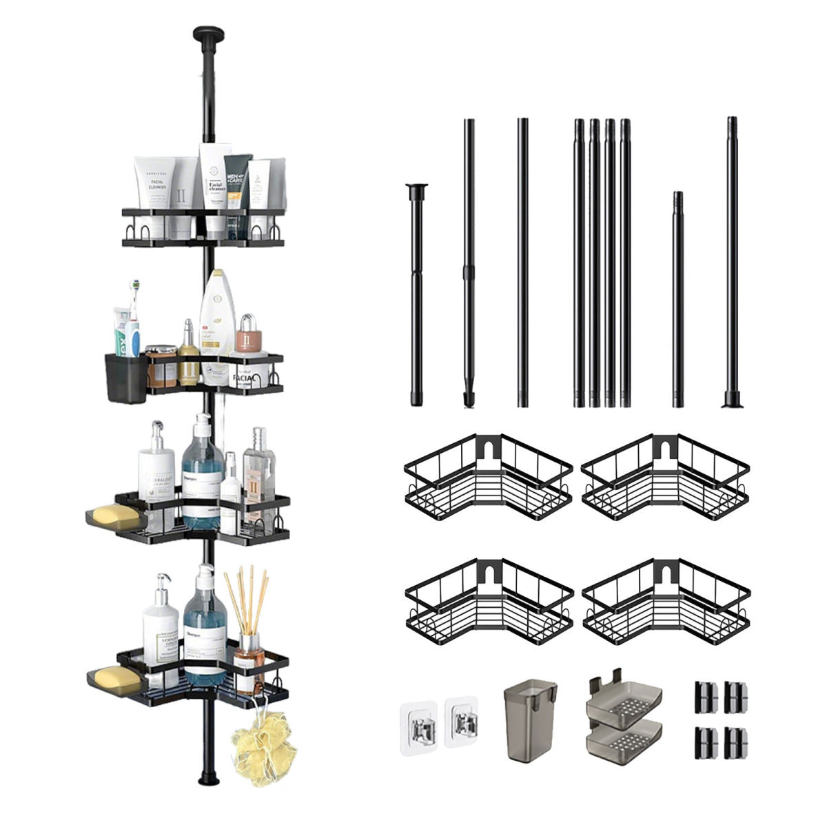 Telescopic Shower Shelf (No Drilling Required), 4-Layer Black For Bathroom Storage – Party Accessories Set