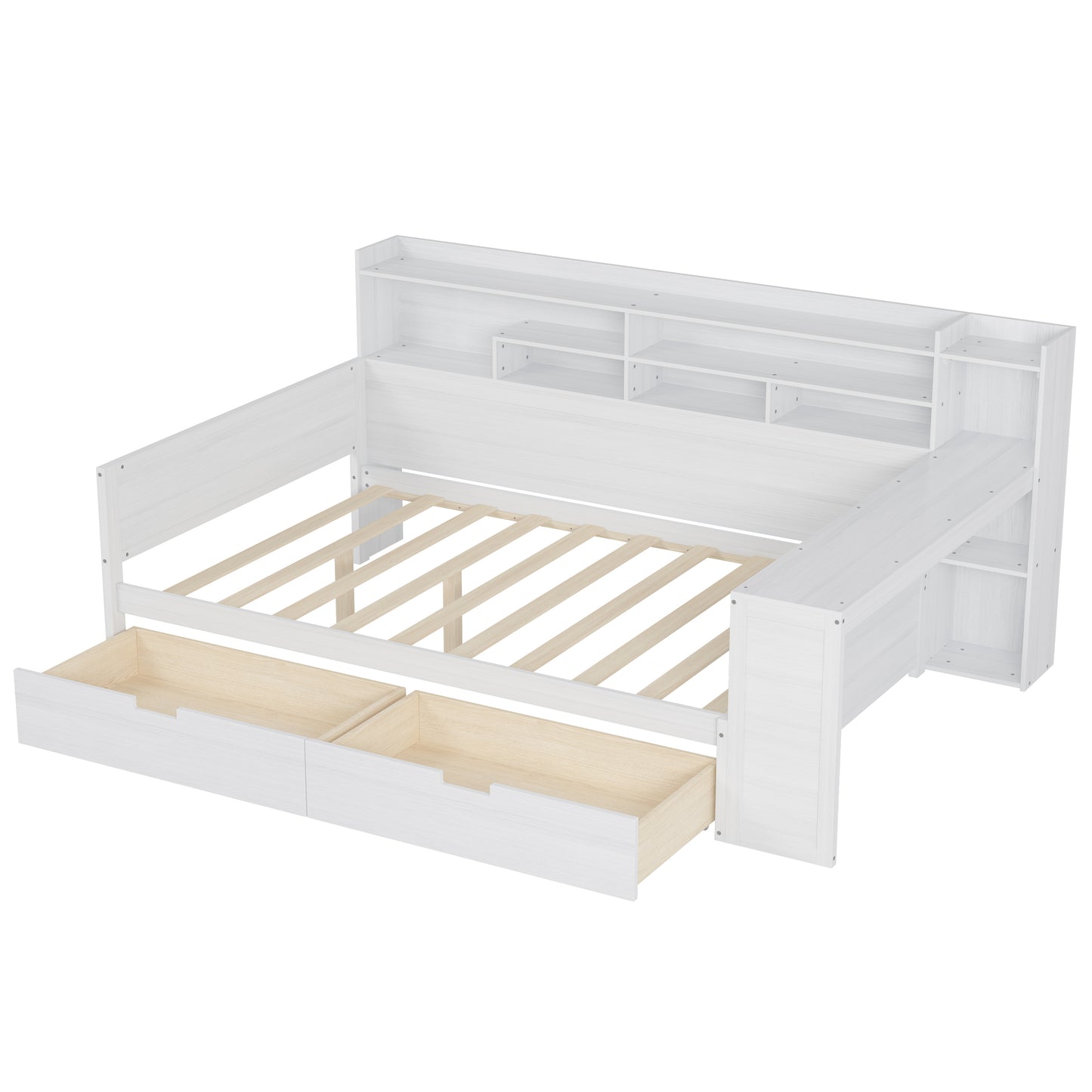 Wooden Full Size Daybed With Storage Shelves, Multi-functional Bed With Two Storage Drawers And Study Desk, Antique White Old SKU N733S241486K