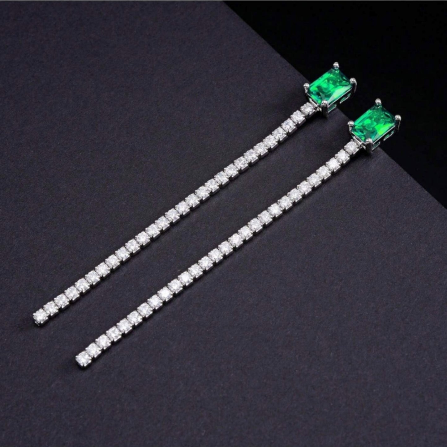 S925 Sterling Silver Lab-Grown Emerald Drop Earrings, 7x5mm Square Cut With Pave Chain, Platinum Plated 4.2g Women's Jewelry Gift Box
