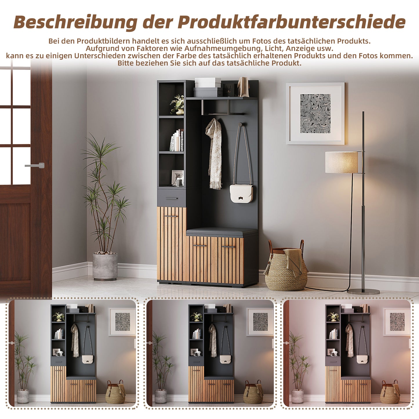 N625P313944945Z 80x35x175cm Compact Coat Racks,Home, Storage Cabinet With 2 Coat Hooks,Wardrobe Set Entrance Cabinet, Coat Rack With Shoe Bench,Upholstered Wardrobe,Black Wood Color