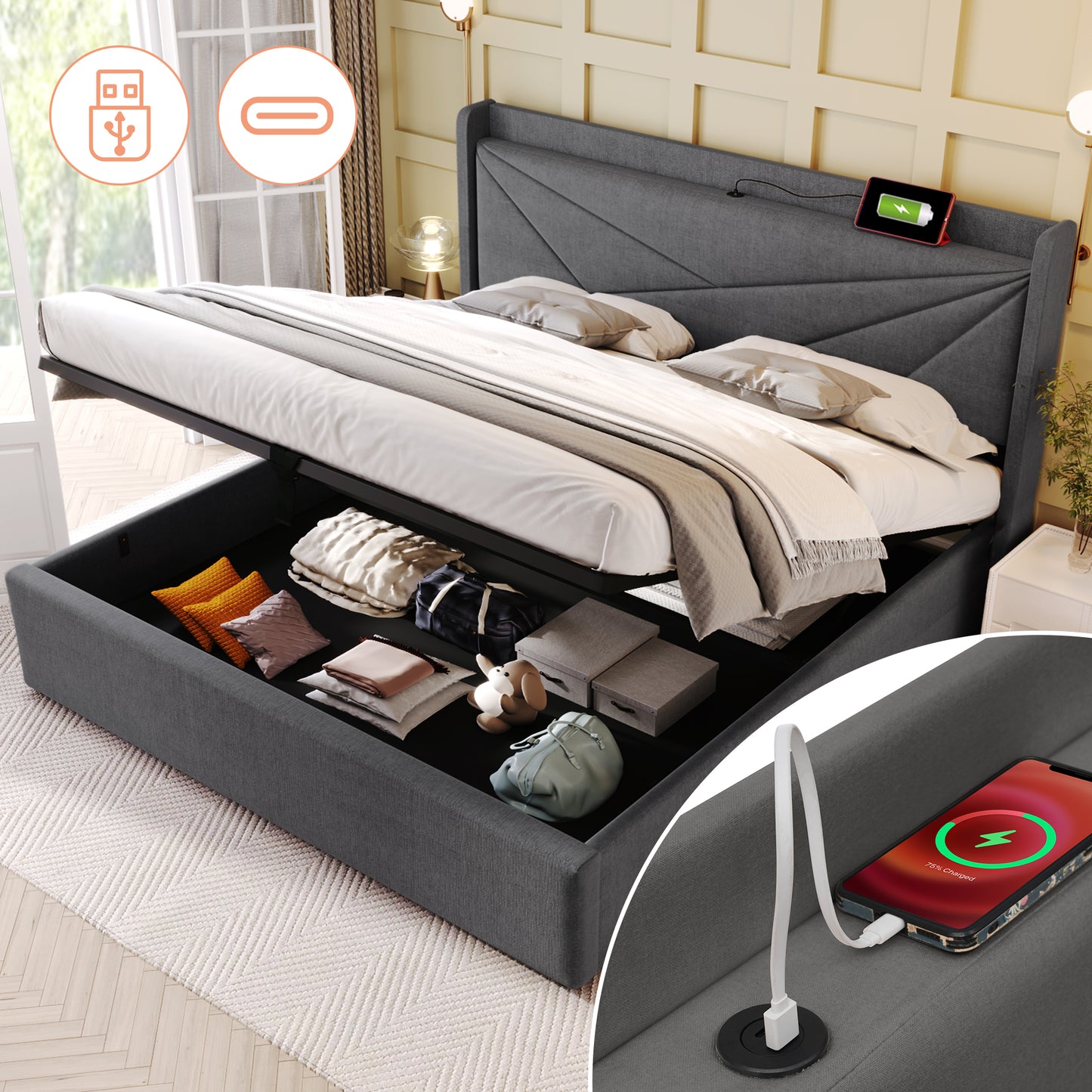 Upholstered Bed Double Bed Storage Bed Box With USB Type C Charging Function Headboard,Storage Beds Bed Frame Made Of Linen Material Youth Bed Bed 160x200 With Slatted Base Without Mattress