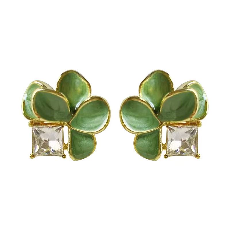Vintage Green Camellia Stud Earrings, Elegant Fashion Versatile Petal Earrings, Light Luxury High-End Women Ear Jewelry