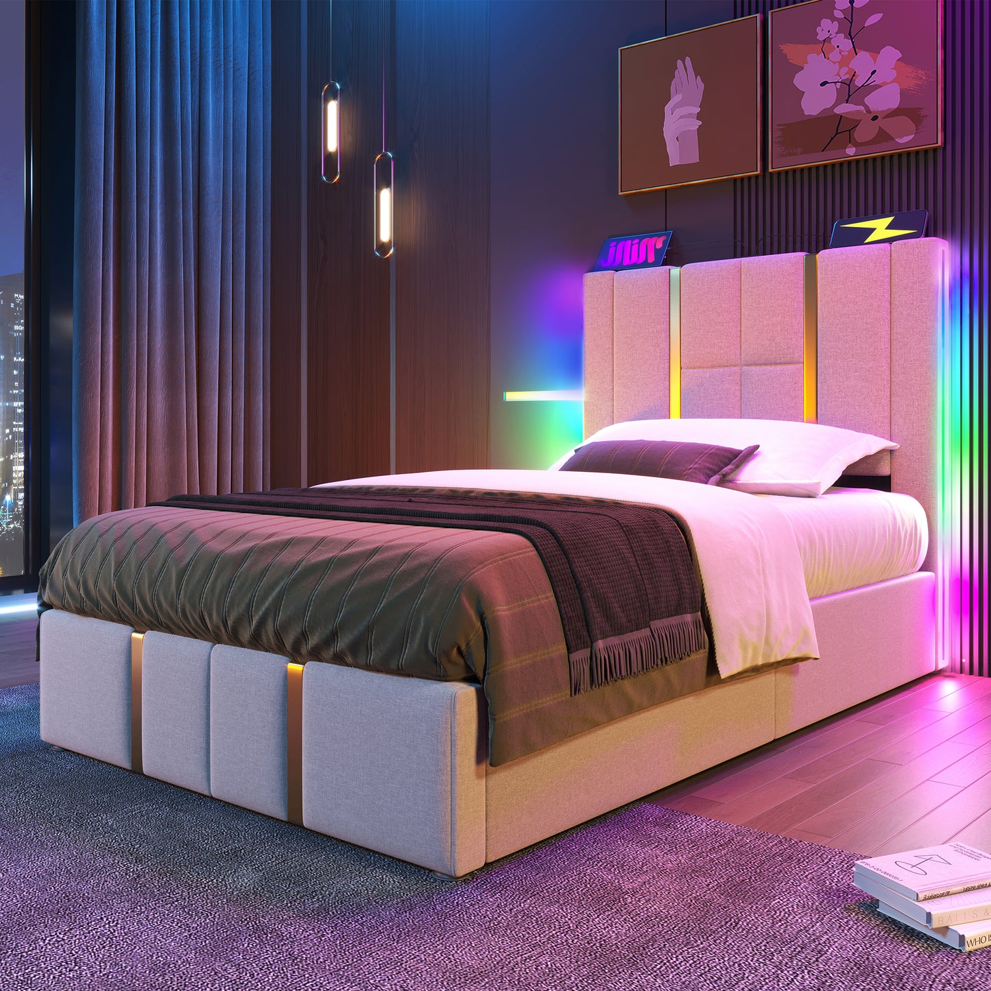 Upholstered Bed USB Type C Charging Function APP-Control LED Single Bed 90x200 Storage Beds Bed Frame, Wooden Slatted Frame, Beige Linen Material Without Mattress