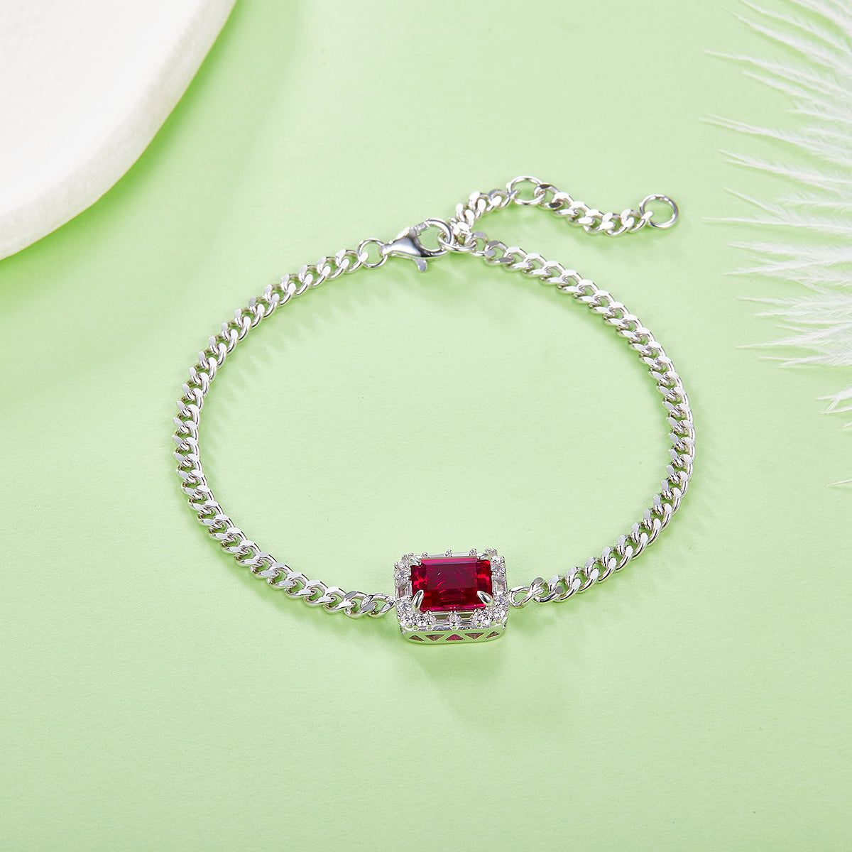 S925 Sterling Silver Lab-Grown Ruby Bracelet, 8x6mm Emerald Cut Halo Adjustable Cuban Chain, Platinum Plated 5.4g Women's Jewelry Gift Box
