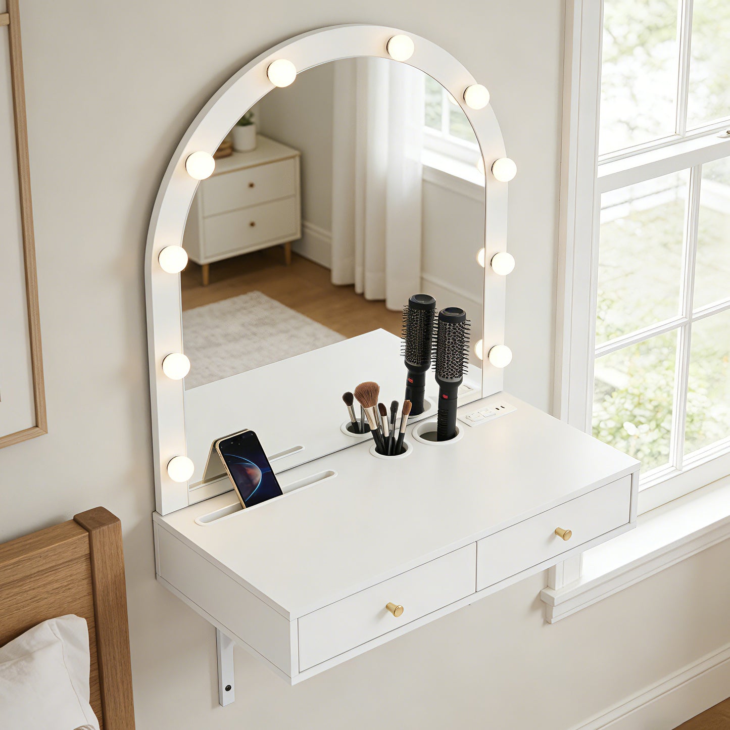 Floating Makeup Vanity Desk With Mirror & 3-Color Lights, Wall Dressing Table With Power Outlet, Compact Vanity, Large Storage, White