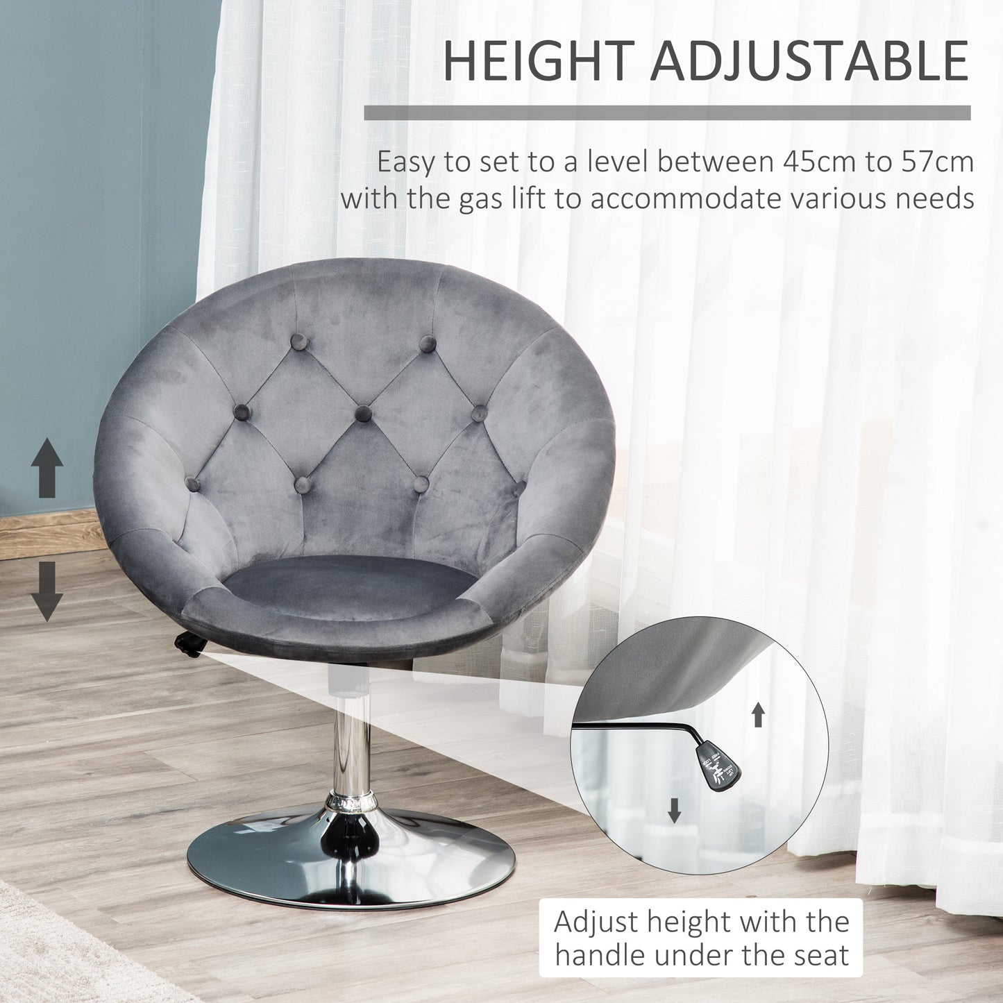 Swivel Dressing Stool, Velvet-feel Upholstered Vanity Chair, Adjustable Height Tub Makeup Chair With Button Tufting And Thick Padding For Bedroom, Grey