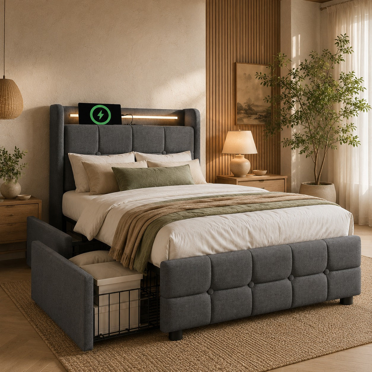 Upholstered Bed With Charging, USB Charging Function, Headboard And LED Lighting And 2 Drawers, Single Bed 90x200cm, Storage Beds, Bed Frame, Wooden Slatted Base, Grey Without Mattress