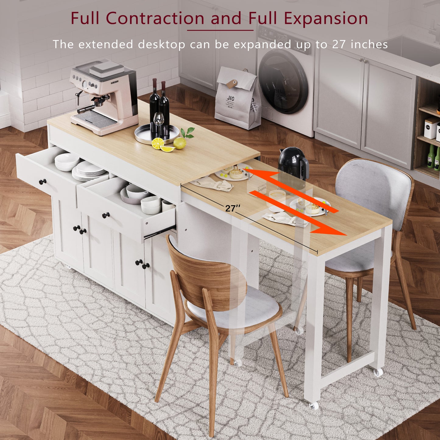 K&K 74.5 Inch Kitchen Island With Extendable Dining Table , Rolling Kitchen Island On Wheels With Spice Rack And 2 Drawers, 4 Door Cabinet, For Kitchen, Dining Room, White One Package