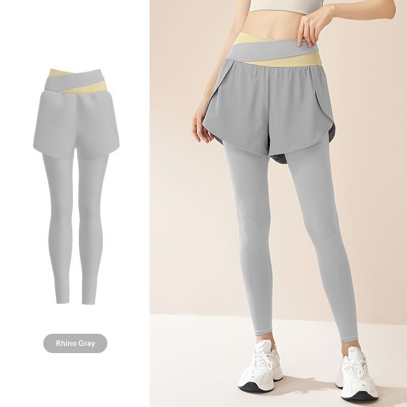 New Color-block Faux Two-piece Yoga Pants With Side Pockets