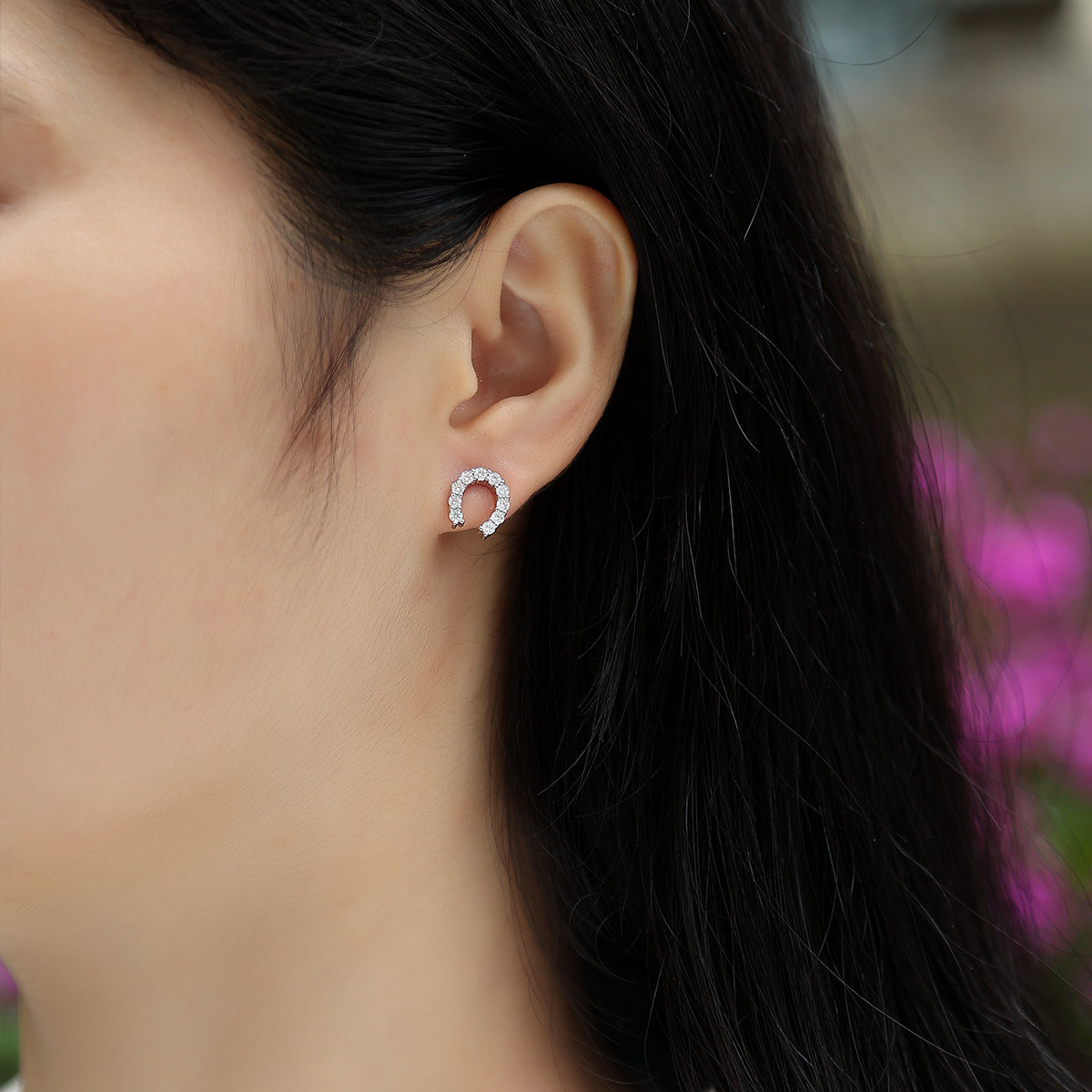 S925 Sterling Silver U-Shaped Hoop Stud Earrings, 20 D-VVS1 Moissanite Pave, Platinum Plated 1.6g Lightweight With Silicone Backs, Gift Box