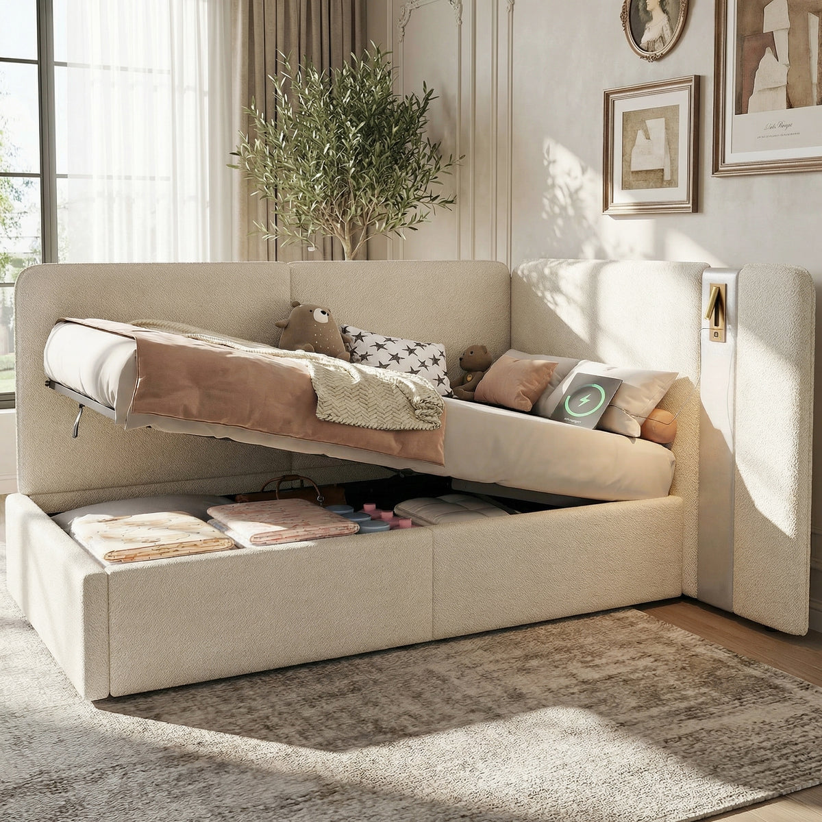 Daybed, 3FT Single Bed 90X190cm, L-shaped Upholstered With Storage, Sofa Bed, Hydraulic Bed With USB Charging Port And Reading Lamp, Beige Boucl