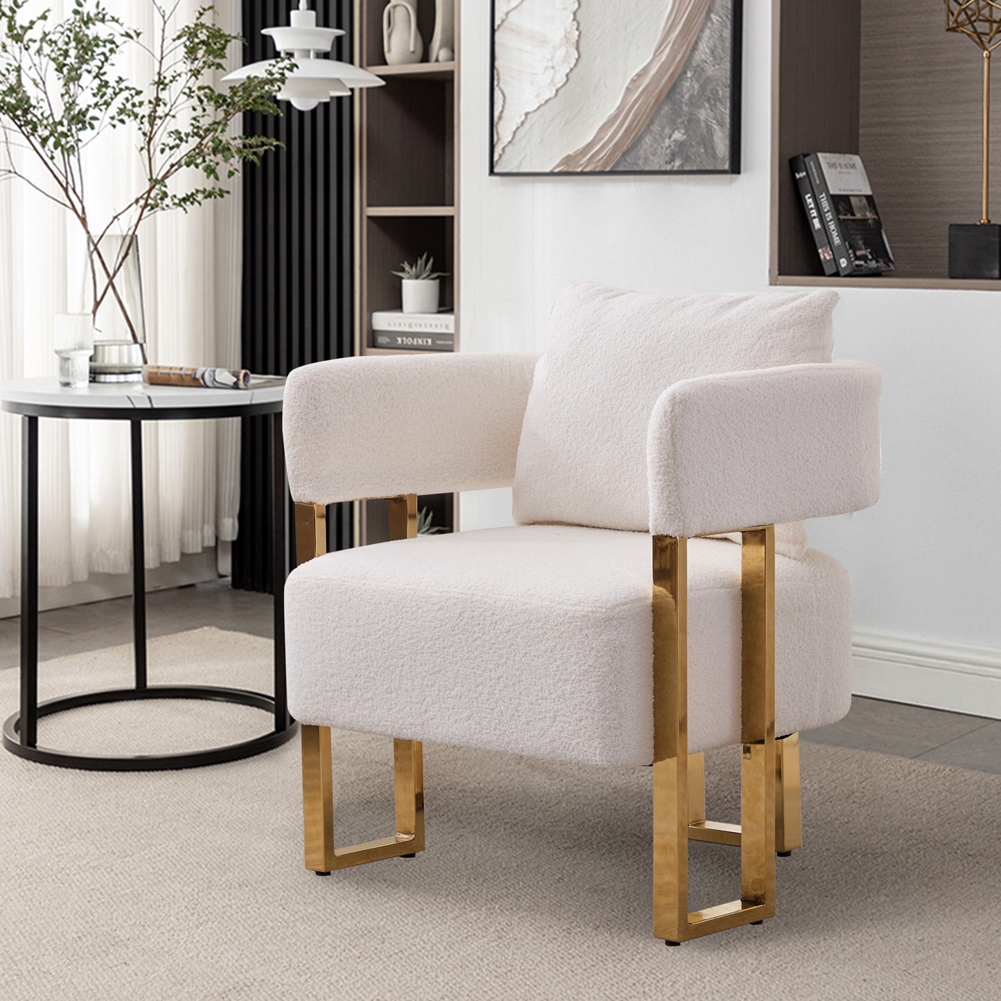 TS Modern Decorative Chair, Living Room Side Chair With Gold Metal Legs, No Wheels, Suitable For Dressing Area, Reception Room, Office,Teddy Fleece Upholstered Metal Foot Sofas 2PCS White