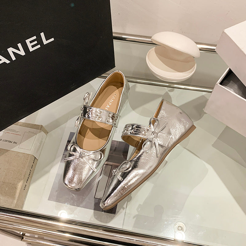 2026 New Summer Silver Hidden Heel Mary Janes For Women, French Ballet Flat Shoes With Single Strap, Match Dresses Perfectly