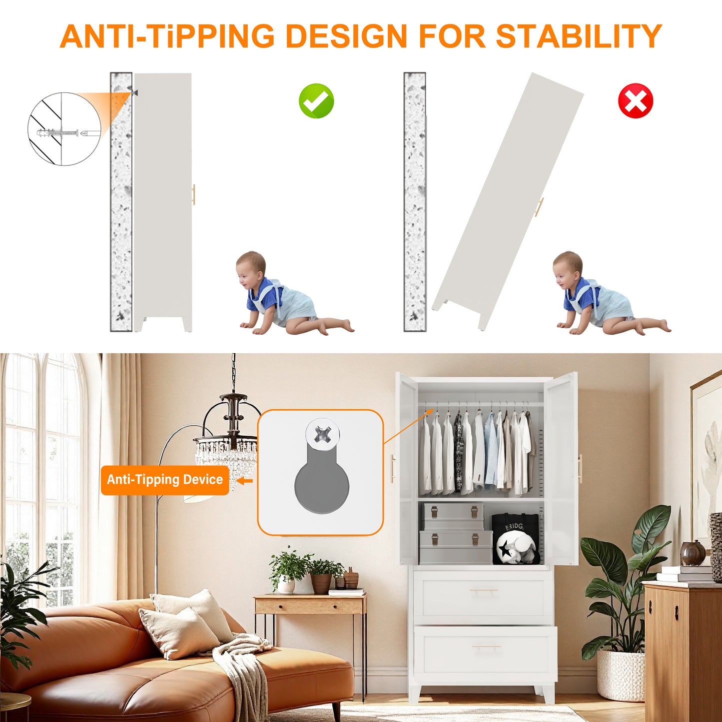 71 Tall Metal Wardrobe Cabinet With 2 Drawers And Hanging Rod, 2 Doors Wardrobe Closet With Shelf For Bedroom, Office, Laundry Room,Entryway ,Foyer,Guesthouse White