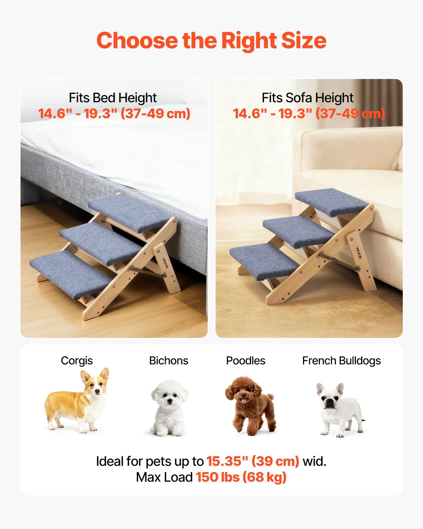 Wood Pet Stairs, 3-Step Dog Stairs For Beds, Sofa & Cars, 150lbs Load Capacity, Floded Flat Design, Stable & Sturdy Cat & Dog Step Ladder For Small Medium Large Older Pet Puppy