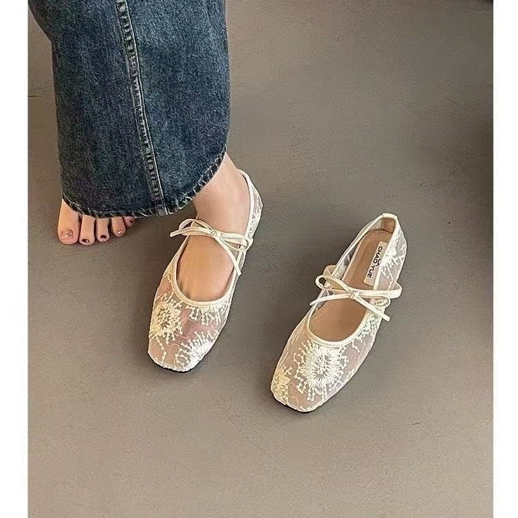 Women Breathable Mesh Mary Jane Shoes, New Spring Summer Low Cut Fairy Style Pumps, Bowknot Design Hidden Wedge Heels