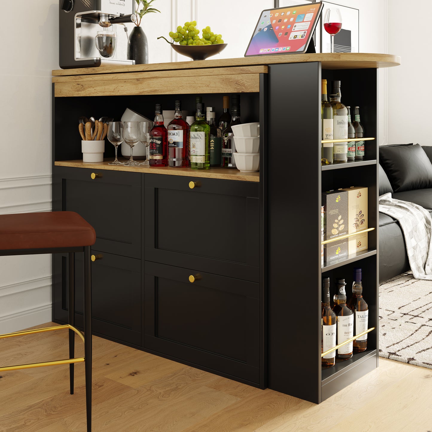 360 Rotating Bar Table Main Body 105 X 39 X 102 Cm , With 4 Drawers And Open Shelves, Suitable For Dining Room Study Living Room, Etc