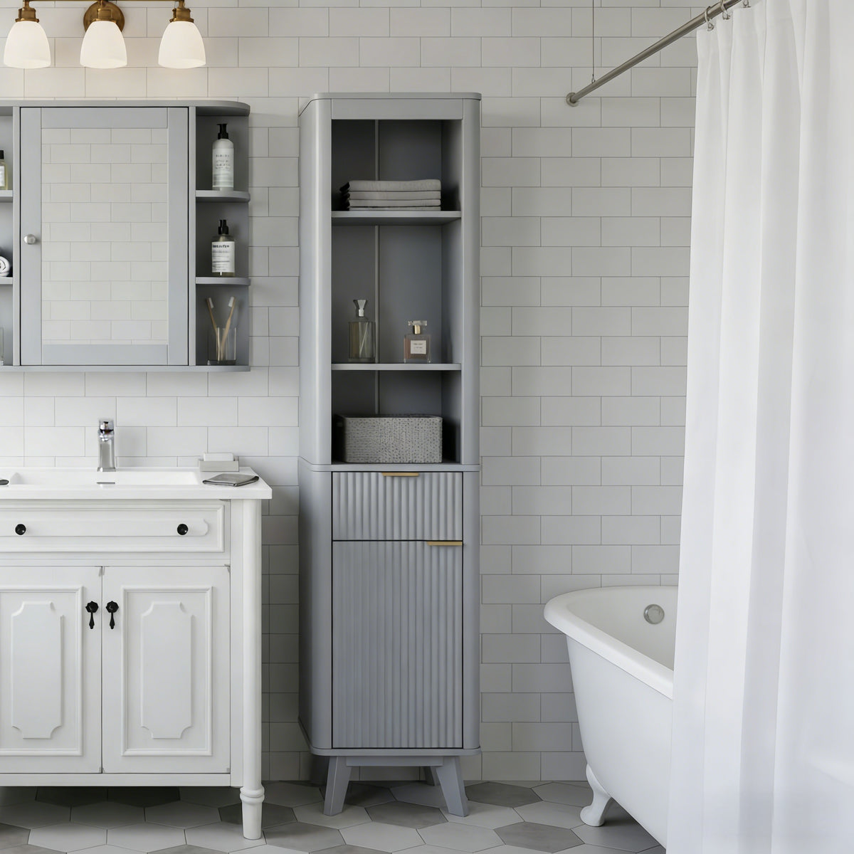 68 H Tall Bathroom Storage Cabinet With Adjustable Shelves And One Drawer & Door, Storage Cabinet For Bathroom, Living Room, Entryway & Kitchen, Gray