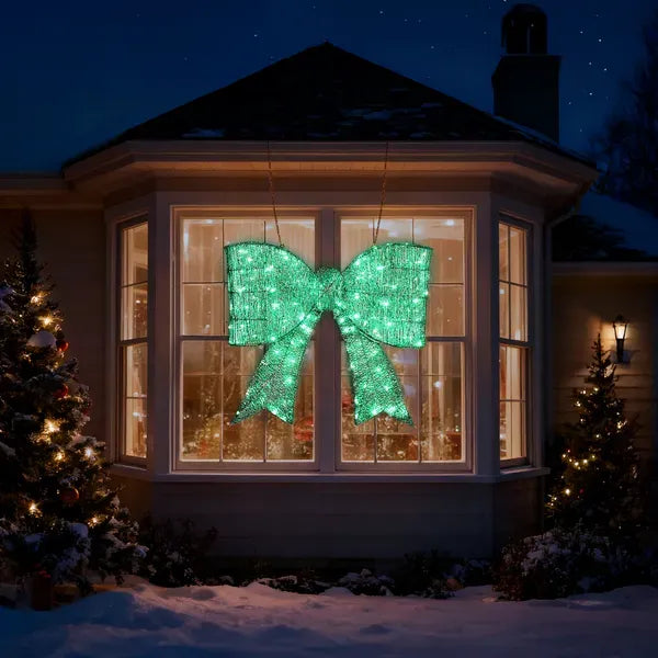 Pre-lit Outdoor Giant Bowknot Christmas Decoration, Lighted Metal Frame With 124 Green LED Lights, For Front Door Gate Wall Indoor Outdoor Holiday Party, Green