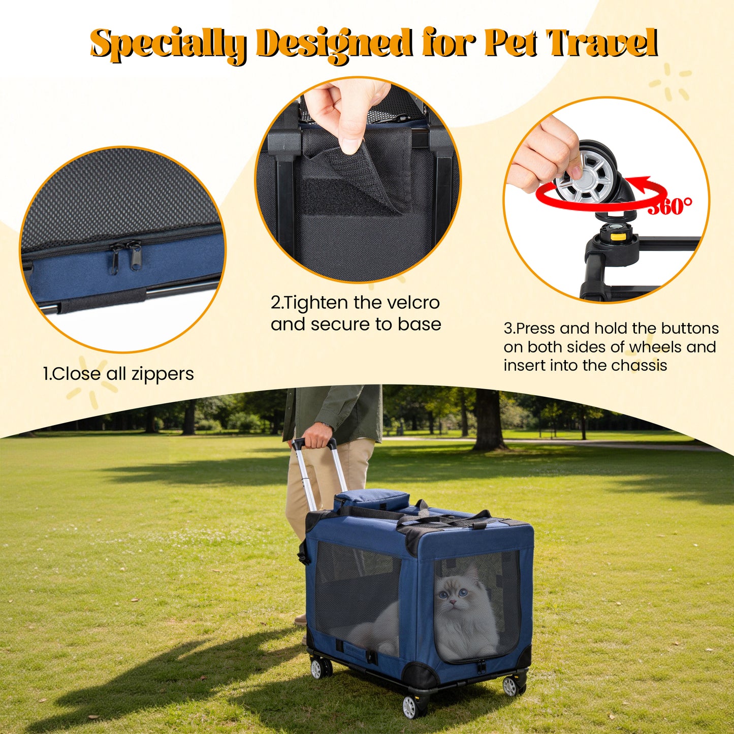 2 In 1, 28 Collapsible Travel Dog Crate For Medium Large Dogs, Rolling Pet Carrier With Wheels, 3-Door Portable Folding Pet Kennel With Mesh Windows, Indoor Outdoor Travel Use, Dark Blue