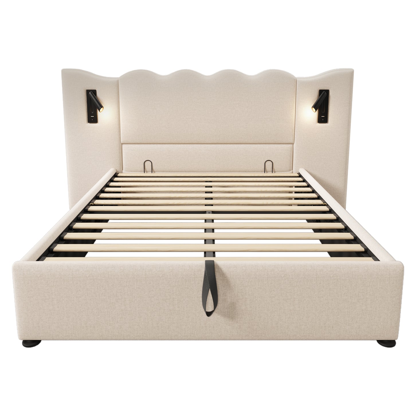 Upholstered Bed Double Bed 160x200 With Reading Lamp And USB Type-C Charging Function, Storage Bed Frame With Slatted Base Made Of Solid Wood And Metal, Beige, Linen Without Mattress