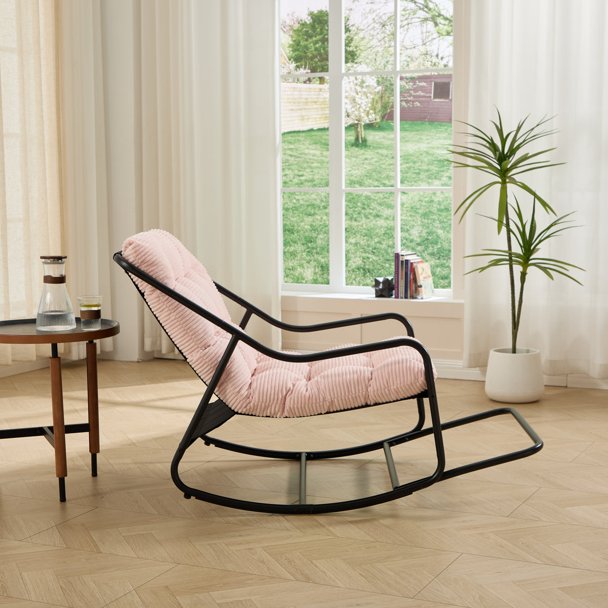 Outdoor Rocking Chair, Comfy Cushion, With Soft Thick Cushion,for Living Room, Bedroom, Reading Room, Black Frame With Cushion