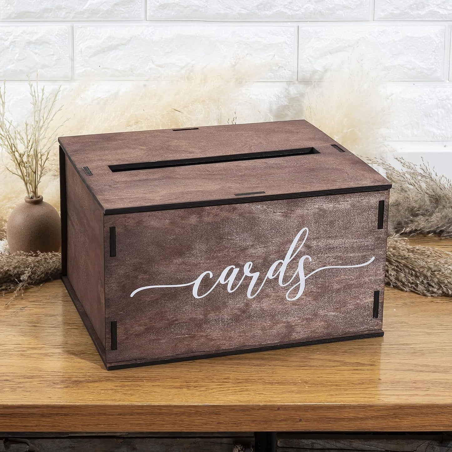 Rustic Dark Brown Wooden Wedding Card Box With Script Cards Print, Removable Lid Envelope Gift Card Holder For Wedding Reception Bridal Shower Party Decor